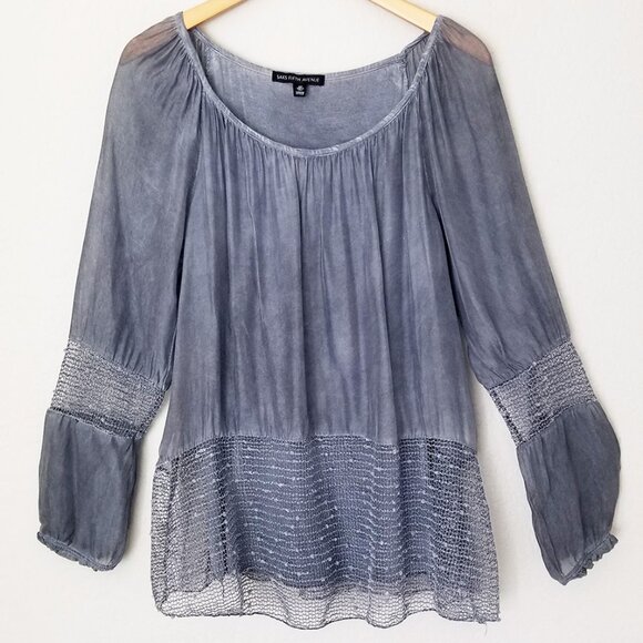 Saks Fifth Avenue Silk Blend Blouse S Blue Gray Crochet Sequins Italy Lagenlook - Picture 2 of 16